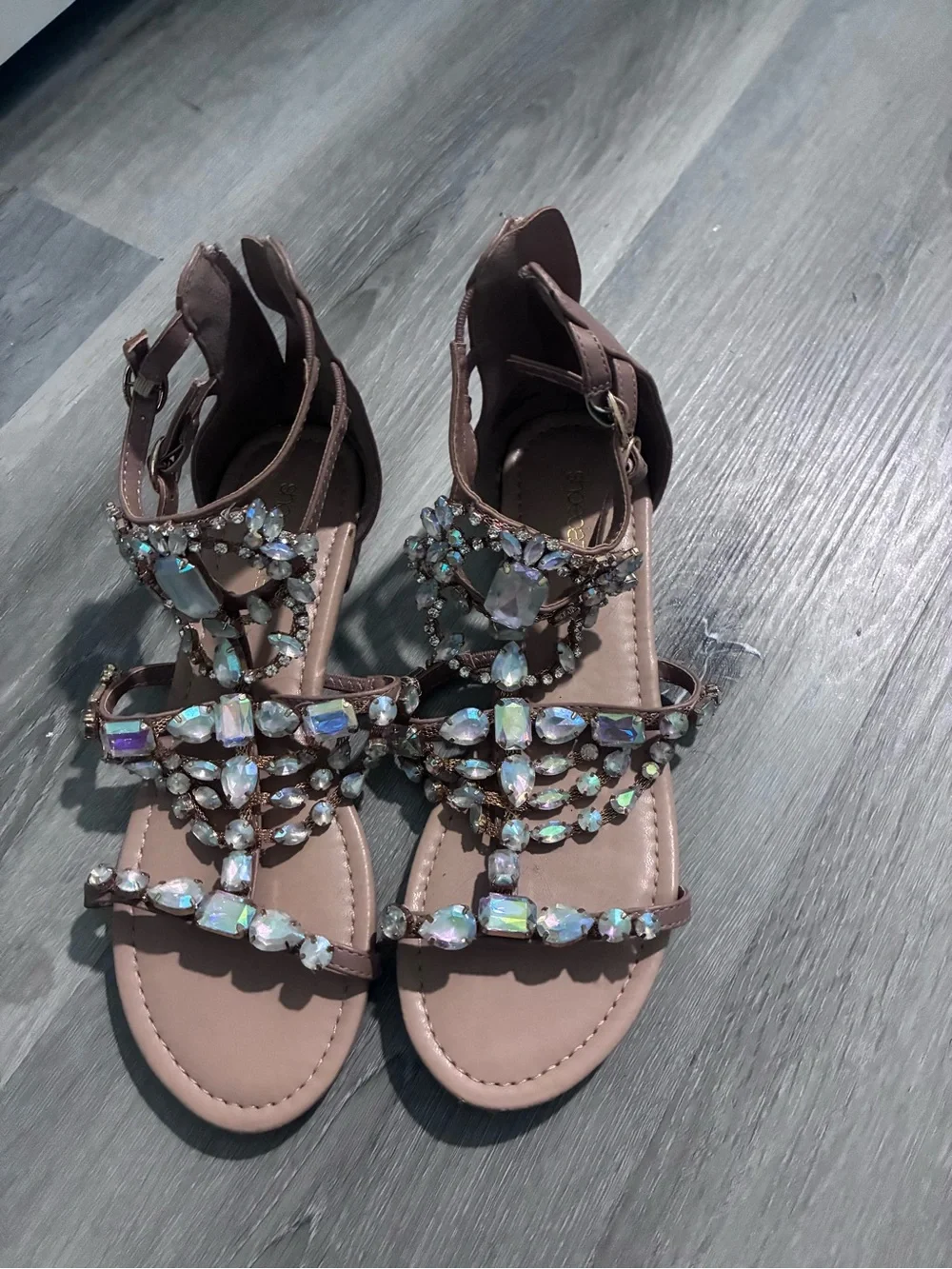 Shoe Dazzle Beige/Tan Jeweled Gladiator Sandals